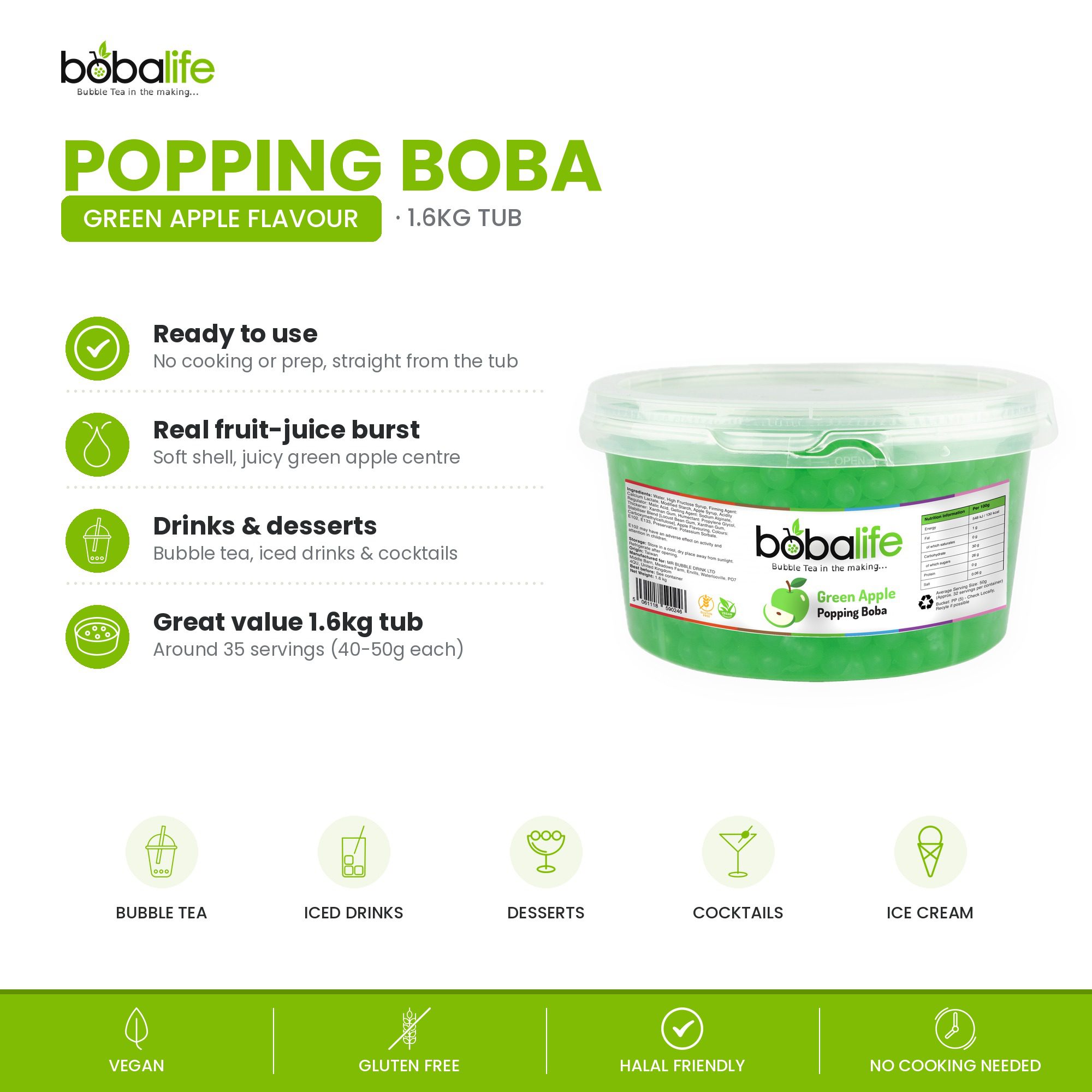 Green Apple Popping Boba (1.6kg tub) - Image 2