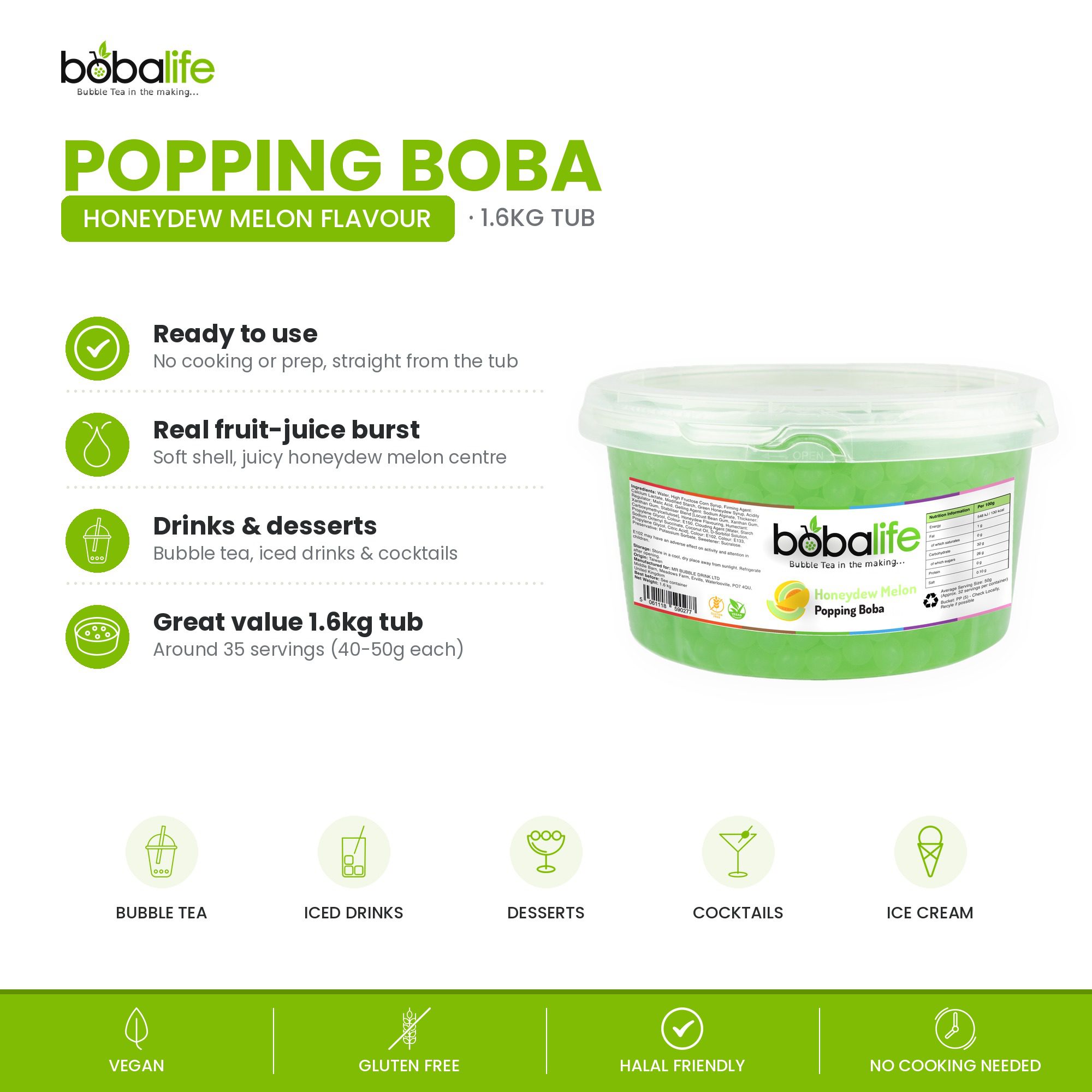 Honeydew Melon Popping Boba (1.6kg tub) - Image 2