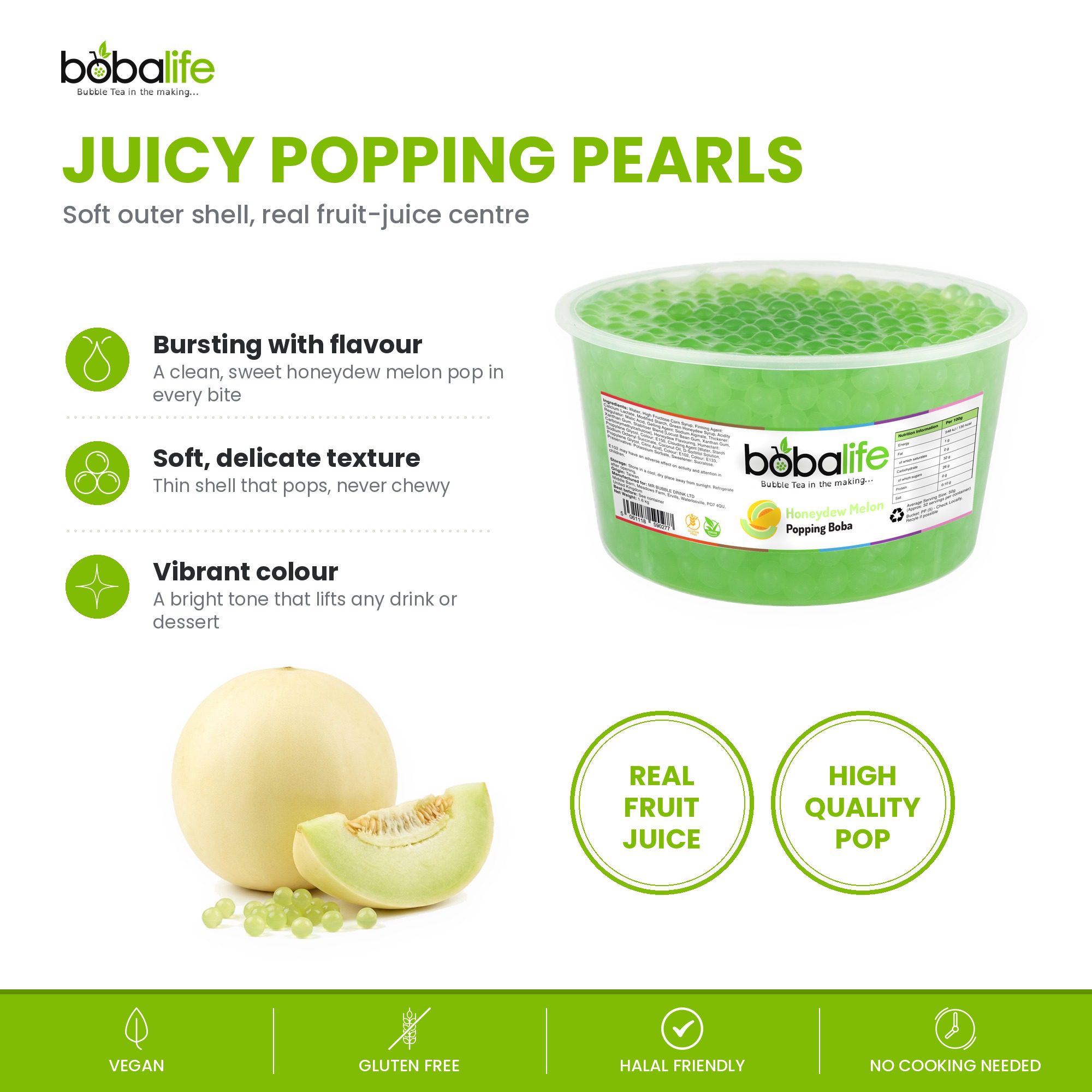 Honeydew Melon Popping Boba (1.6kg tub) - Image 3