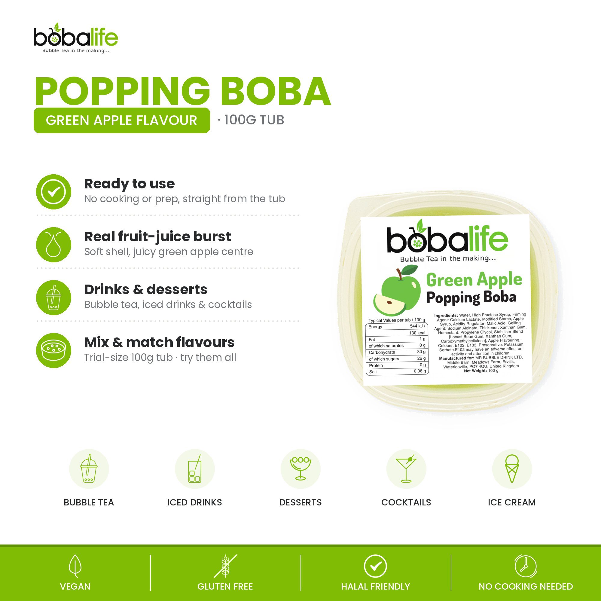 Green Apple Popping Boba (100g pot) - Image 2