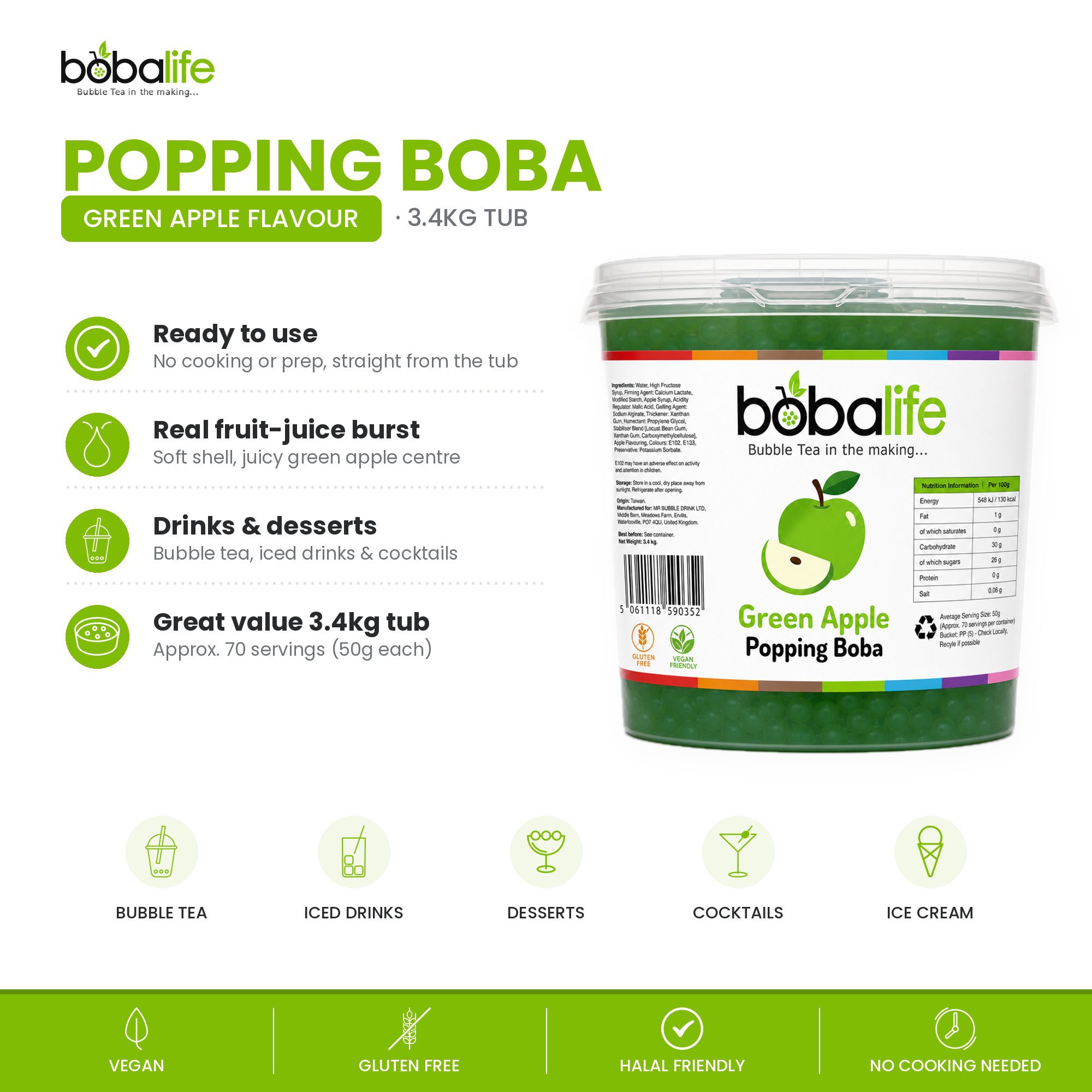 Green Apple Popping Boba (3.4kg tub) - Image 2