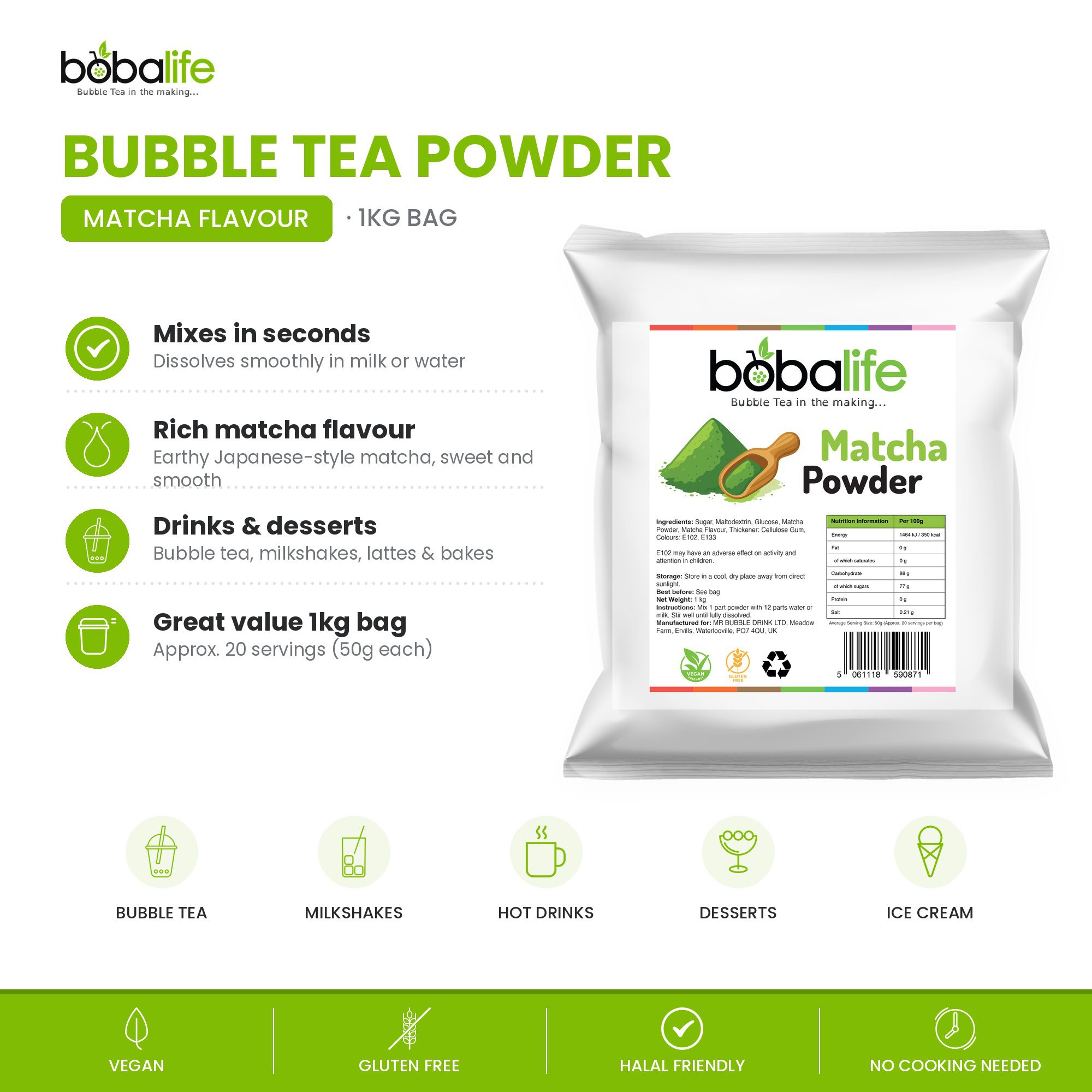 Matcha Flavour Powder (1kg bag) - Image 2
