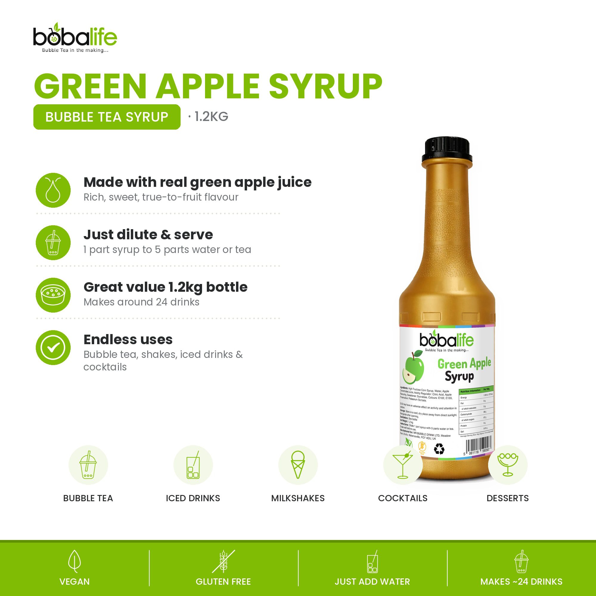 Green Apple Flavoured Syrup (1.2kg bottle) - Image 2