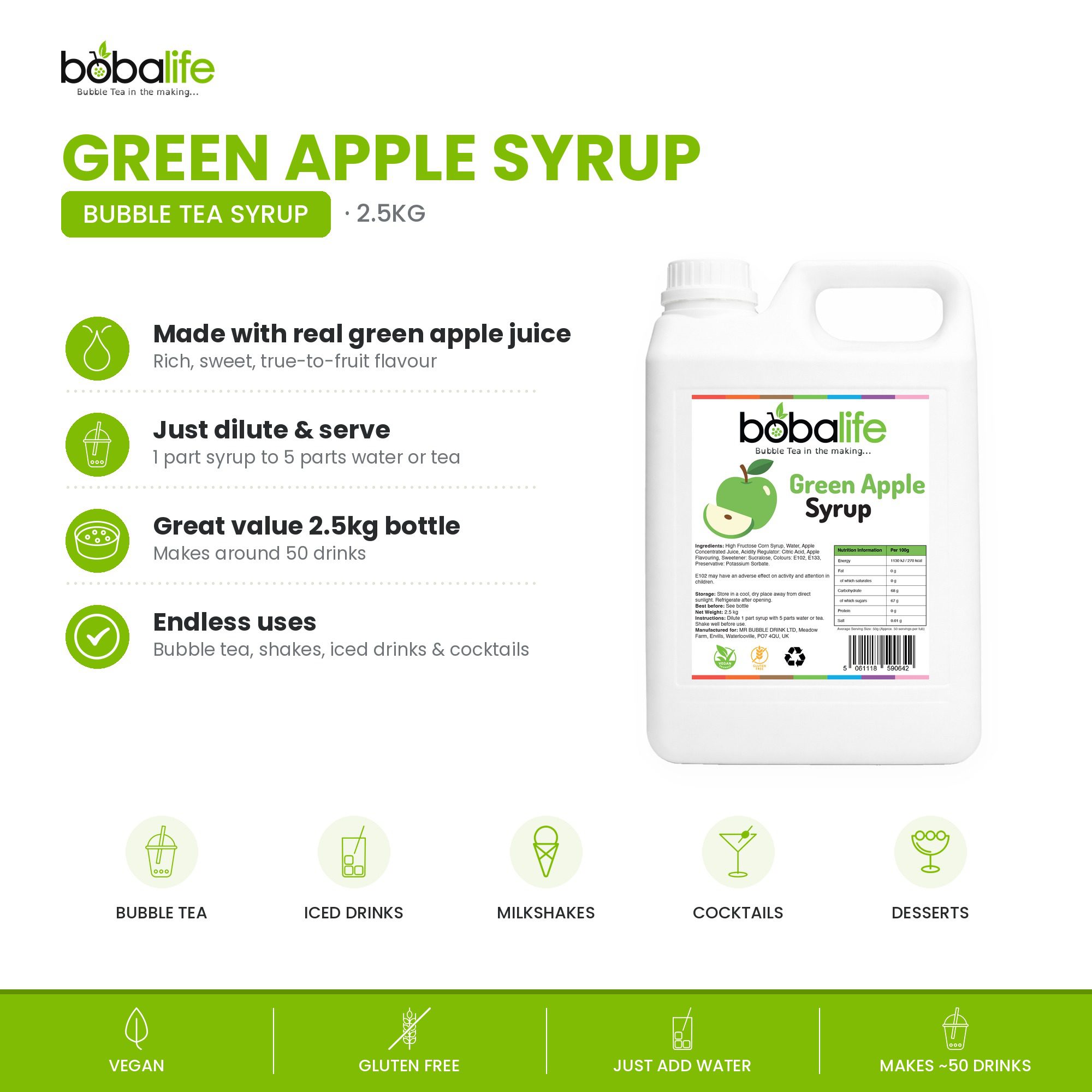 Green Apple Flavoured Syrup (2.5kg bottle) - Image 2