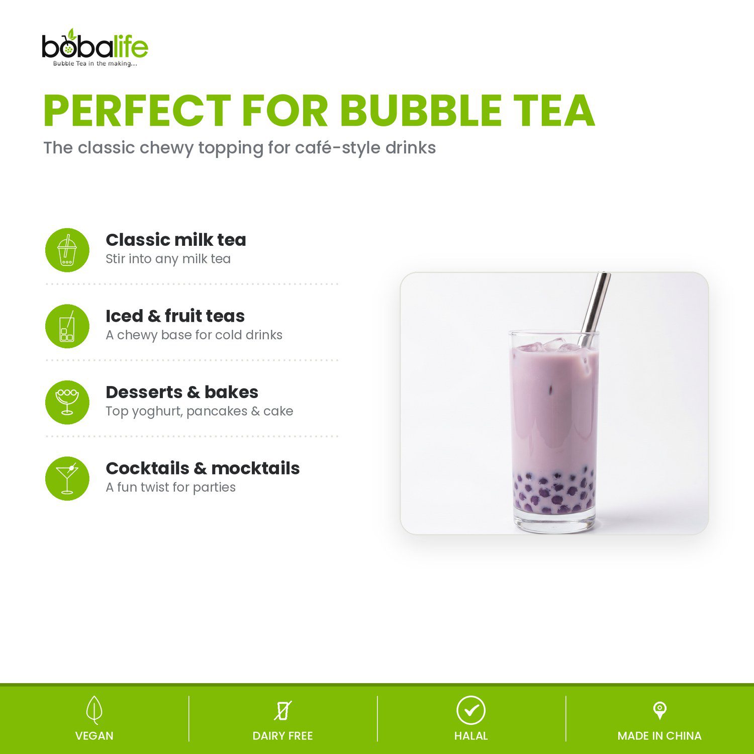 Taro bubble tea made with Bobalife instant boba pearls
