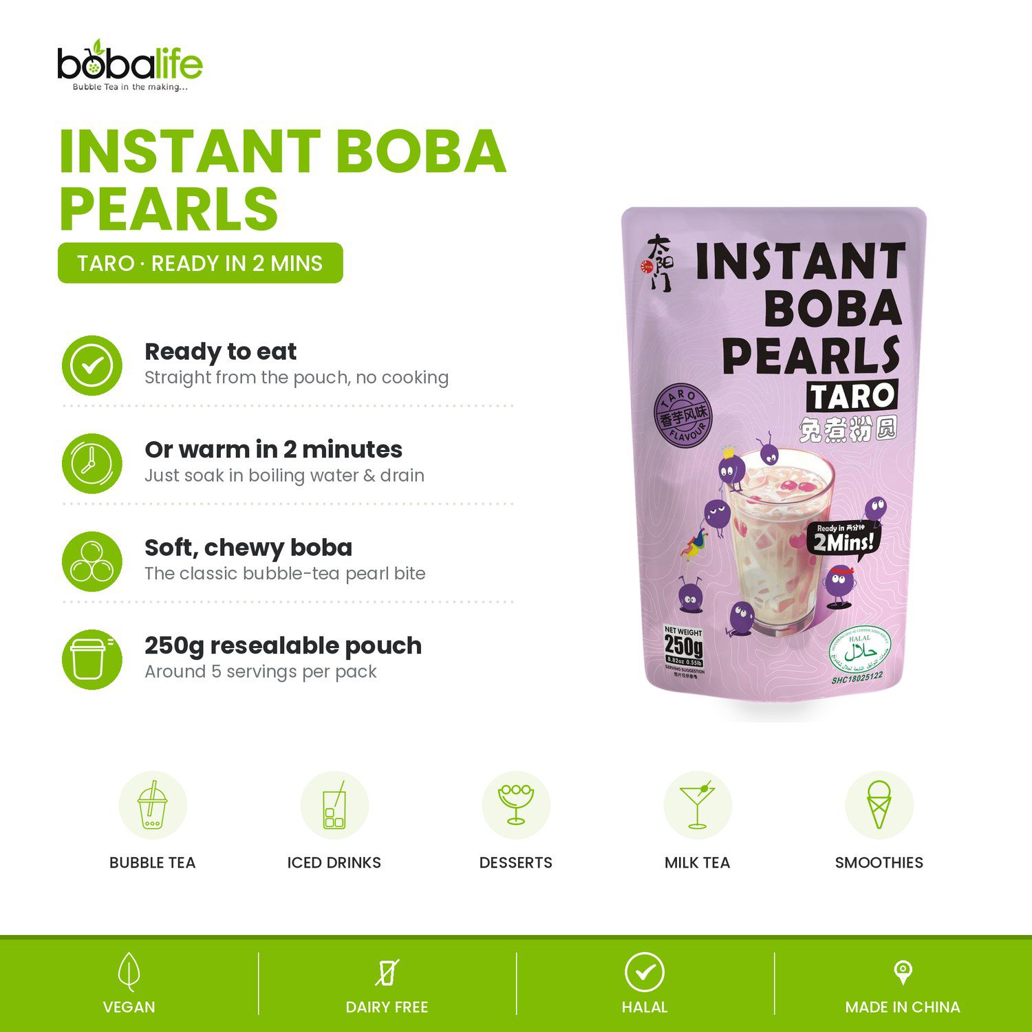 Bobalife Instant Taro Boba Pearls 250g pouch beside a taro bubble tea