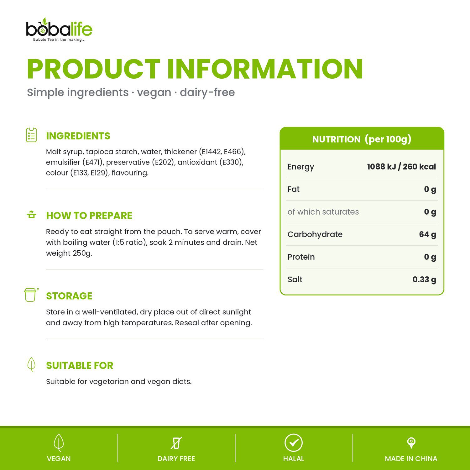 Bobalife Instant Taro Boba Pearls product information, ingredients and nutrition