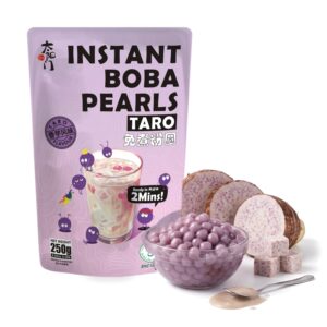 Bobalife Instant Taro Boba Pearls 250g pouch with a bowl of cooked taro tapioca pearls