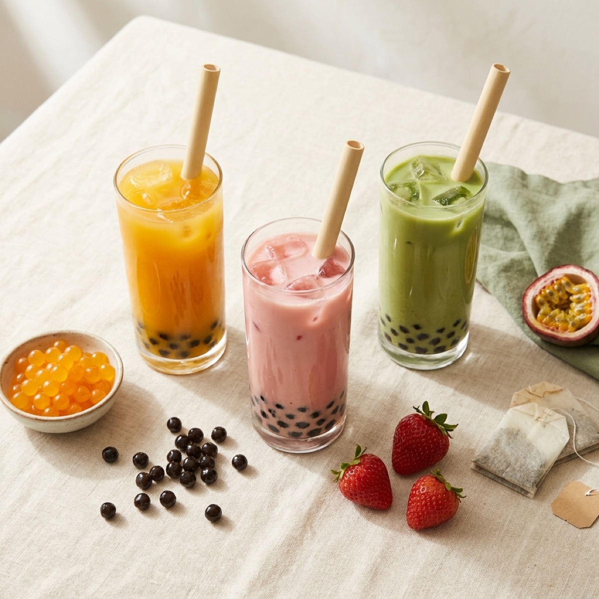 Three glasses of iced bubble tea in mango, strawberry and matcha with tapioca pearls, beside a bowl of orange popping boba, loose pearls, fresh strawberries and tea bags