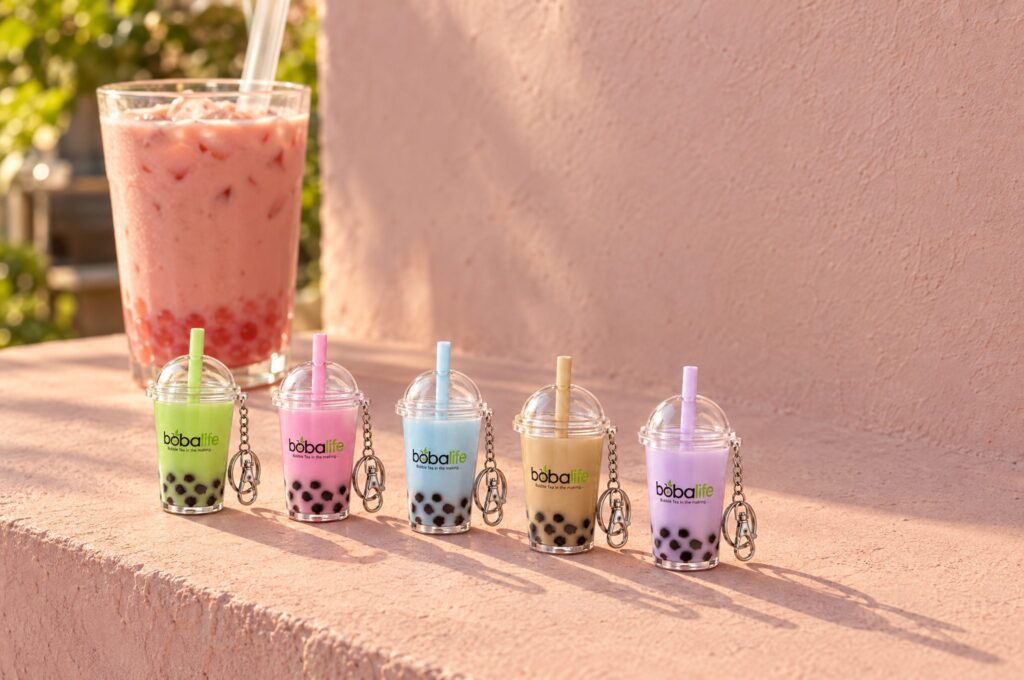 Five boba keyrings in green, pink, blue, brown and purple on a sunny pink ledge beside a strawberry milk tea
